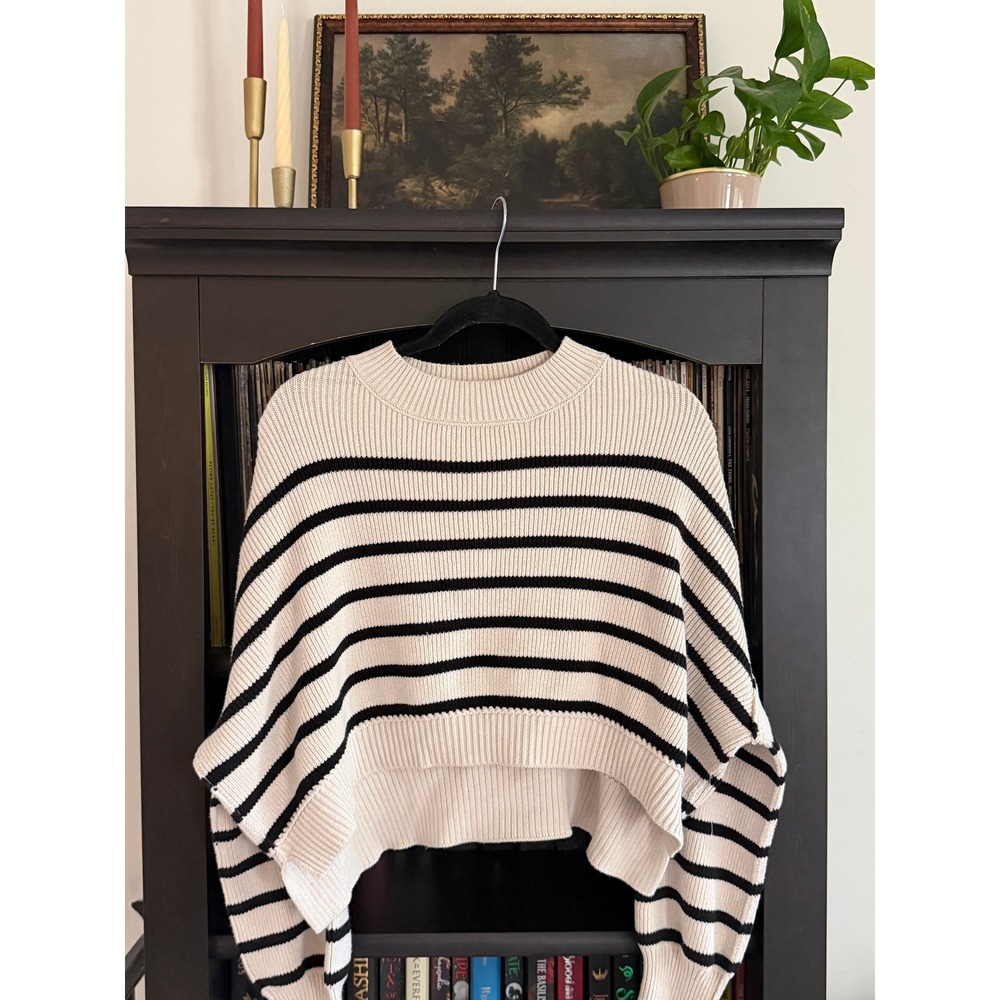 Free People Striped Cropped Sweater Small CreamPullover Nautical Coastal Grandma